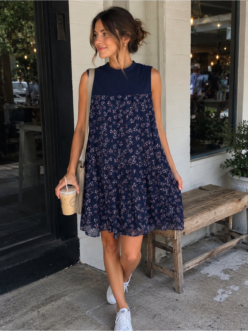 Mittoshop Mock Neck Mixed Media Floral Tiered Dress Size L